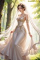 A woman in a wedding dress standing in the woods.